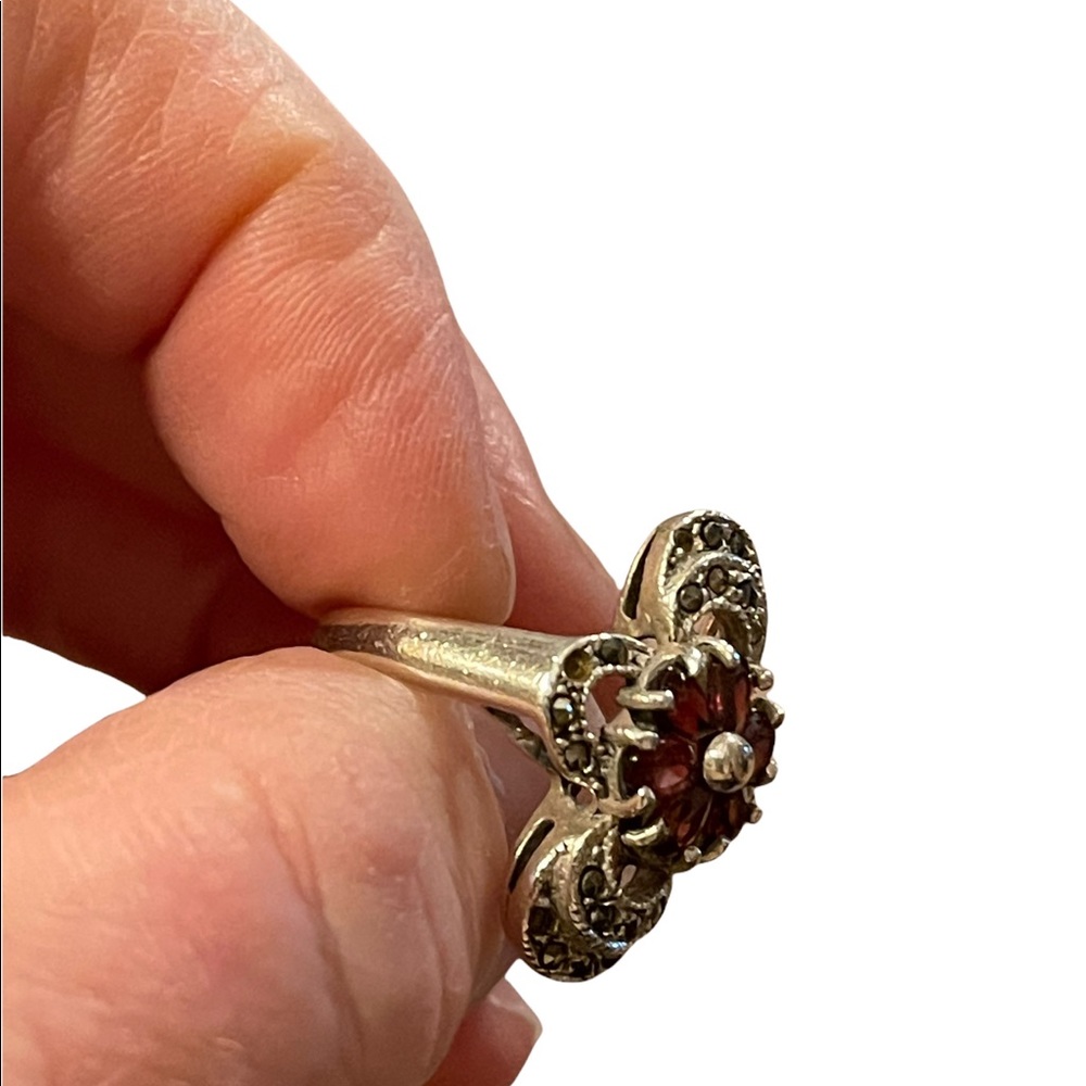 Vintage sterling silver garnet marcasite 925 fancy oblong ring - Picture 8 of 10